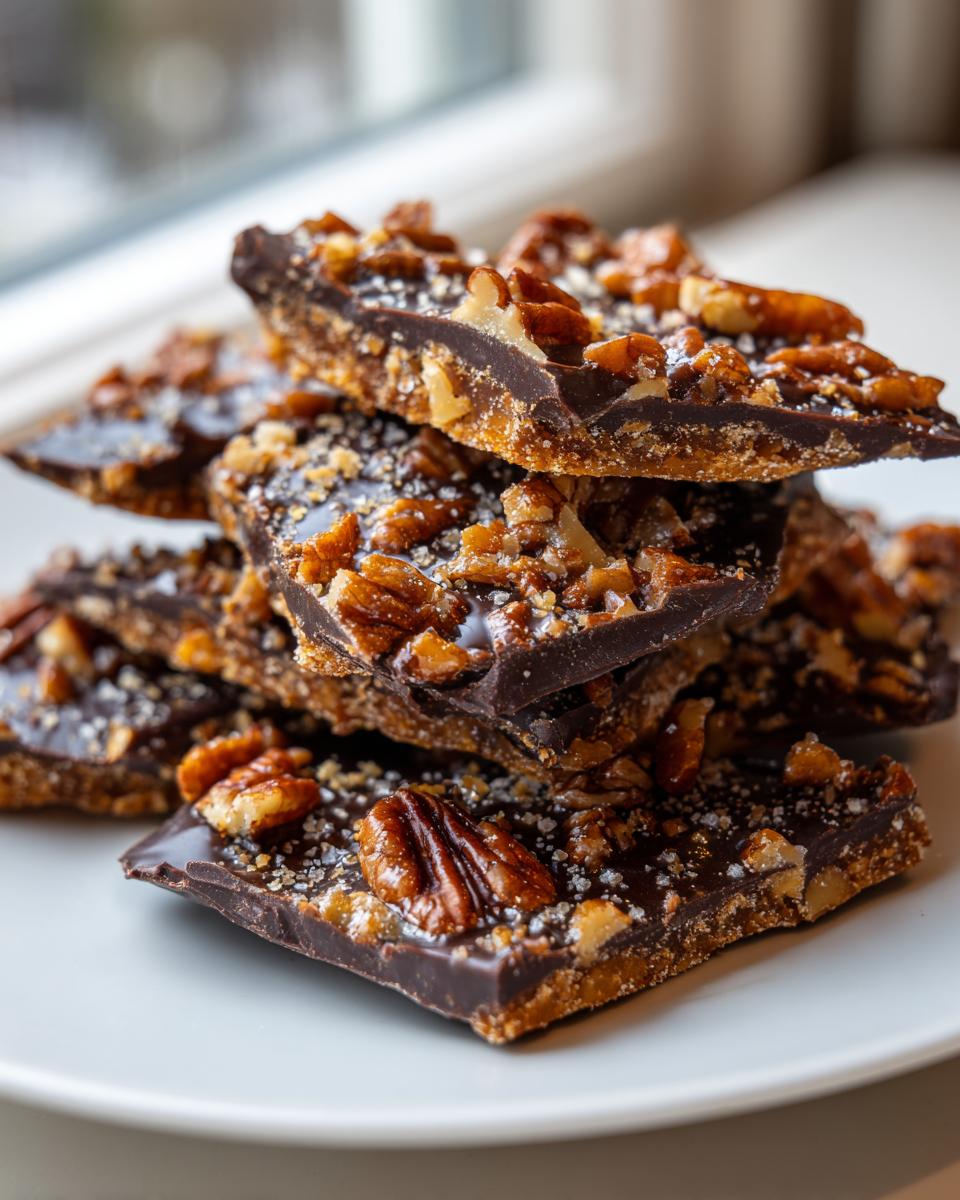 A stack of rich, dark chocolate Pecan Pie Bark pieces topped with glazed pecans and sea salt.