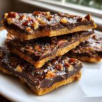 A stack of three rich chocolate Pecan Pie Bark bars topped with chopped pecans and flaky sea salt.