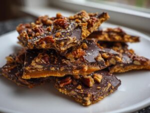 Close-up of stacked pieces of rich Pecan Pie Bark featuring a chocolate top layer and crunchy pecan pieces.