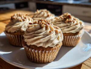 Four delicious pecan pie cupcakes with swirled, spiced frosting topped with chopped pecans, sitting on a white plate.