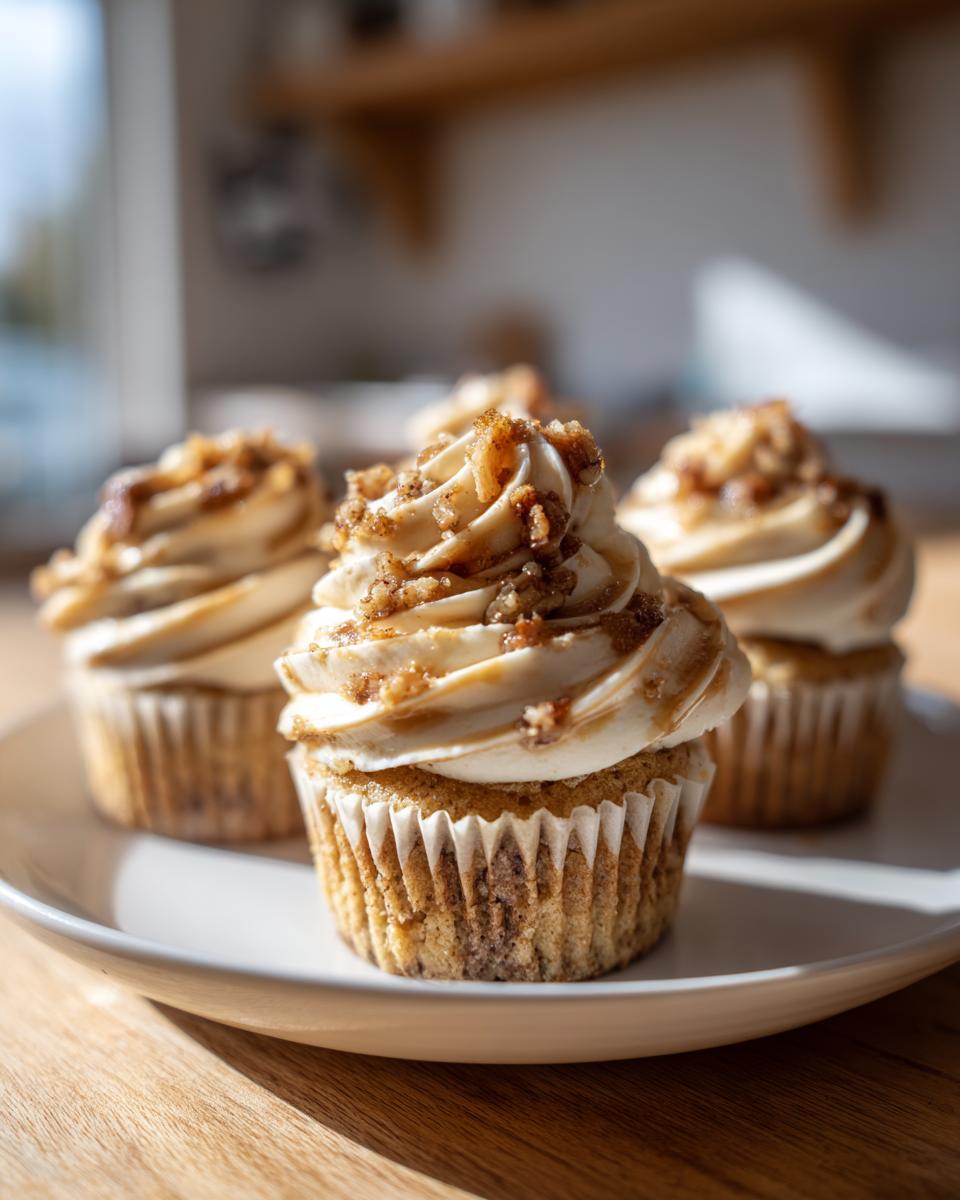Three decadent pecan pie cupcakes with swirled caramel frosting and pecan crumble topping sitting on a white plate.