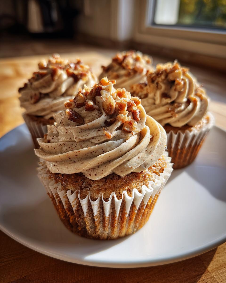 Three delicious pecan pie cupcakes topped with swirled, spiced frosting and chopped pecans, sitting on a white plate.