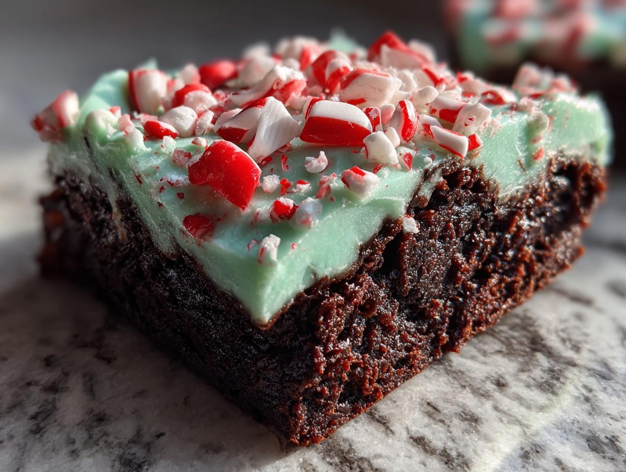 A close-up of a rich, fudgy peppermint brownies square topped with light green mint frosting and crushed candy canes.