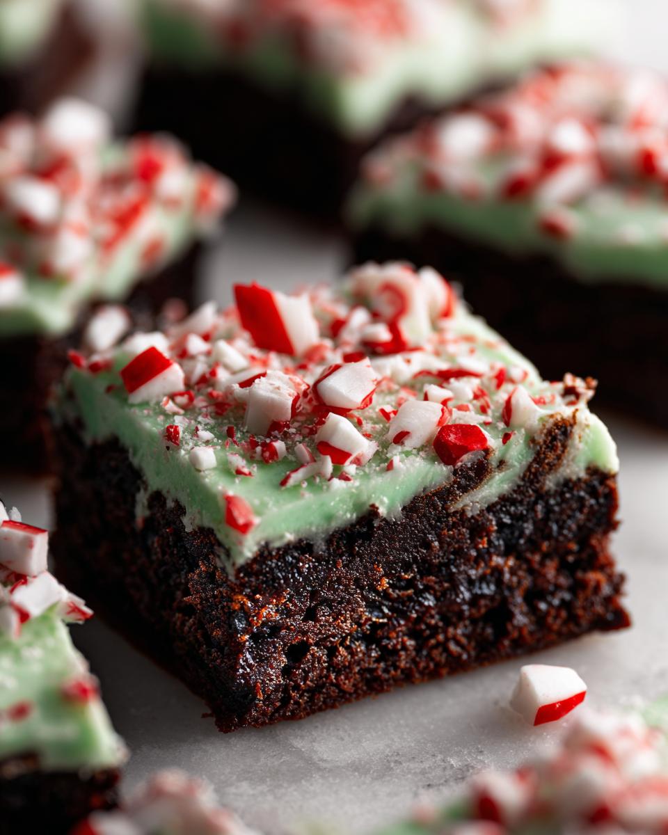 A close-up of a rich, dark chocolate peppermint brownie topped with bright green mint frosting and crushed candy canes.
