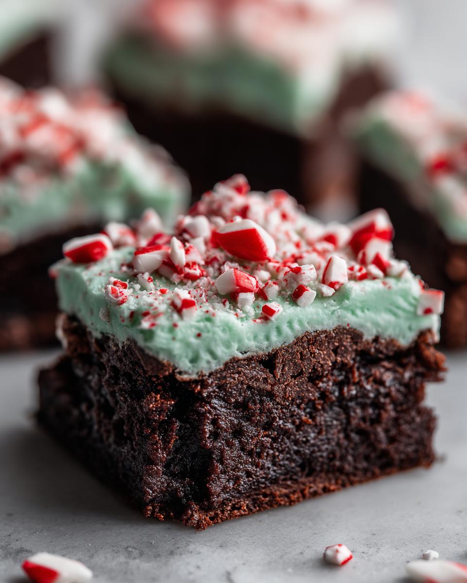 A single, rich chocolate peppermint brownie topped with light green frosting and crushed candy canes.