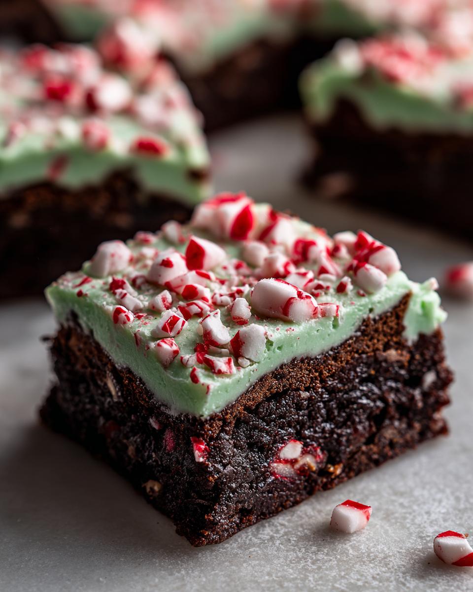 A rich, fudgy square of peppermint brownies topped with light green mint frosting and crushed candy canes.