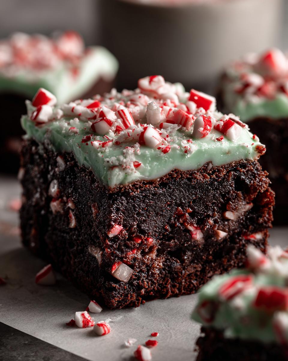 A rich, fudgy peppermint brownie square topped with light green mint frosting and crushed candy canes.