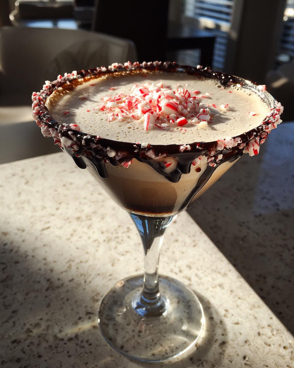 A festive peppermint espresso martini garnished with crushed candy canes and chocolate drizzle in a martini glass.