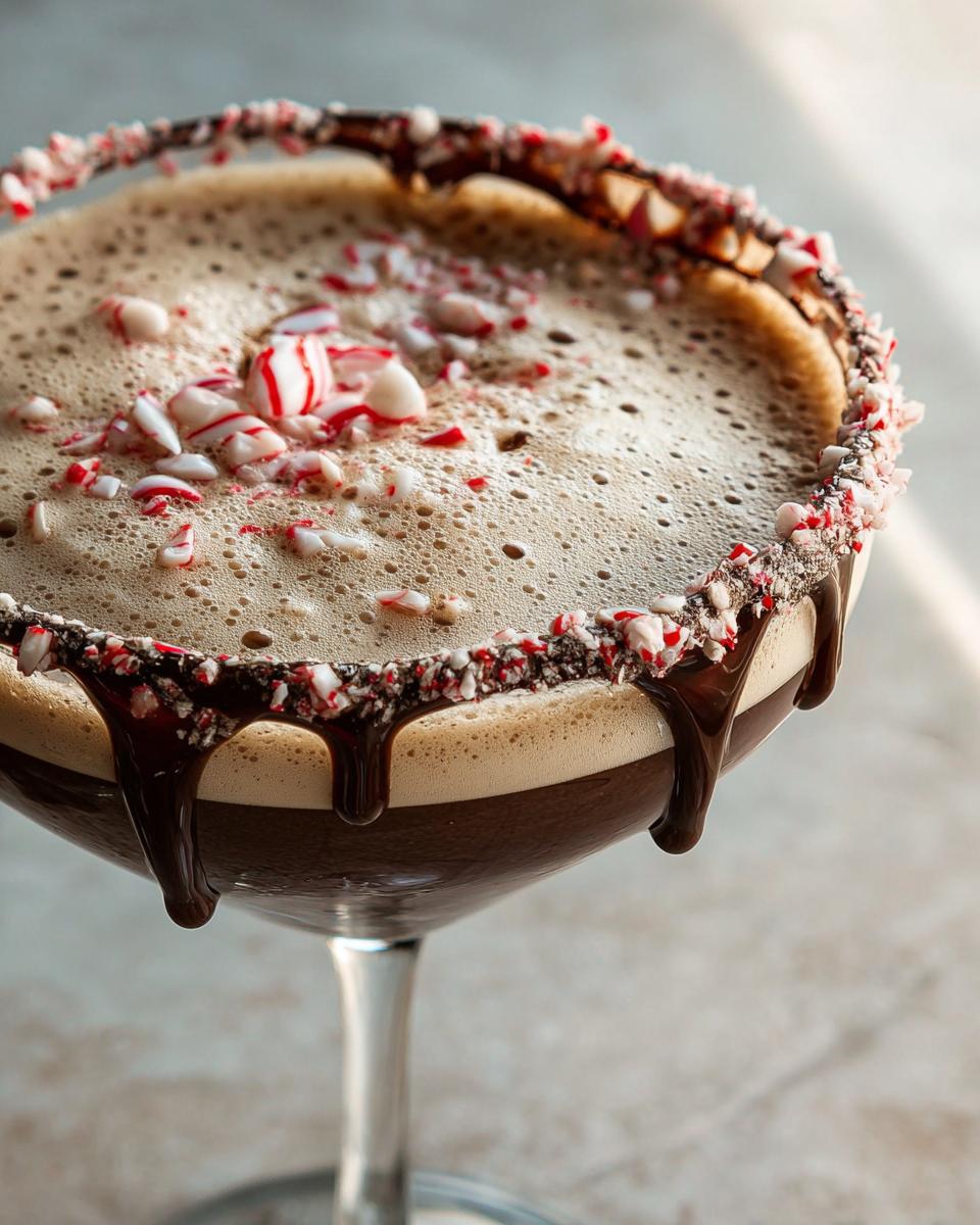Close-up of a rich peppermint espresso martini with a chocolate drizzle and crushed candy canes on the rim.