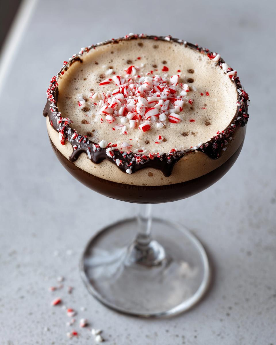 A rich peppermint espresso martini garnished with chocolate drizzle and crushed candy canes on top.