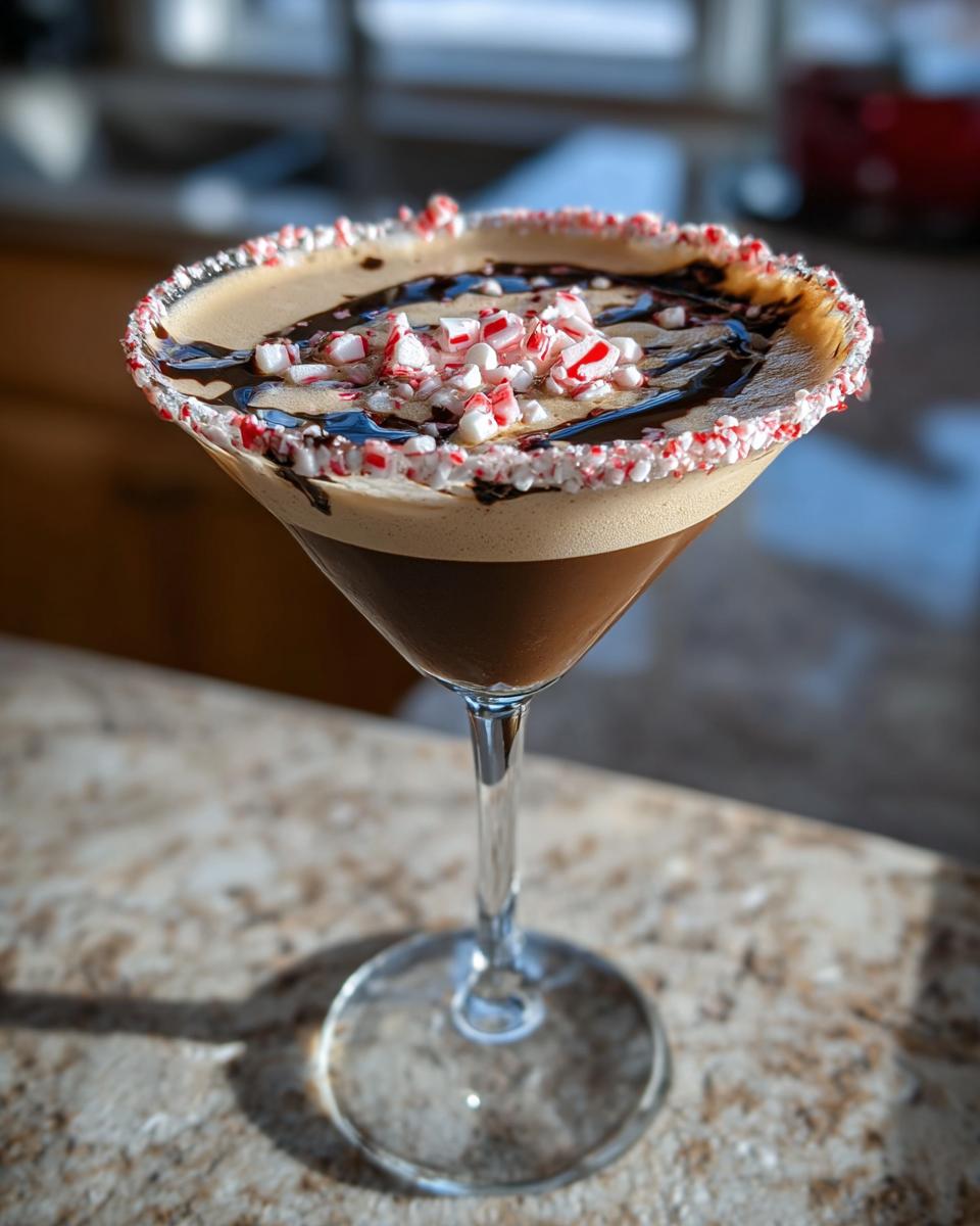 A festive peppermint espresso martini in a martini glass, topped with chocolate drizzle and crushed candy canes.