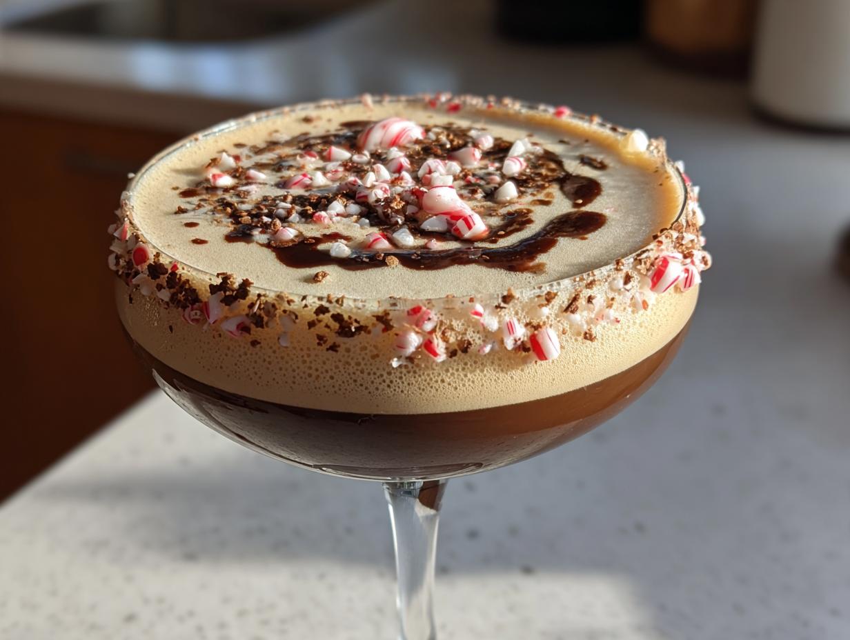 A close-up of a rich peppermint espresso martini topped with foam, chocolate drizzle, and crushed candy canes.