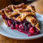 A close-up of a juicy slice of berry pie featuring a golden lattice crust and rich, dark fruit filling.