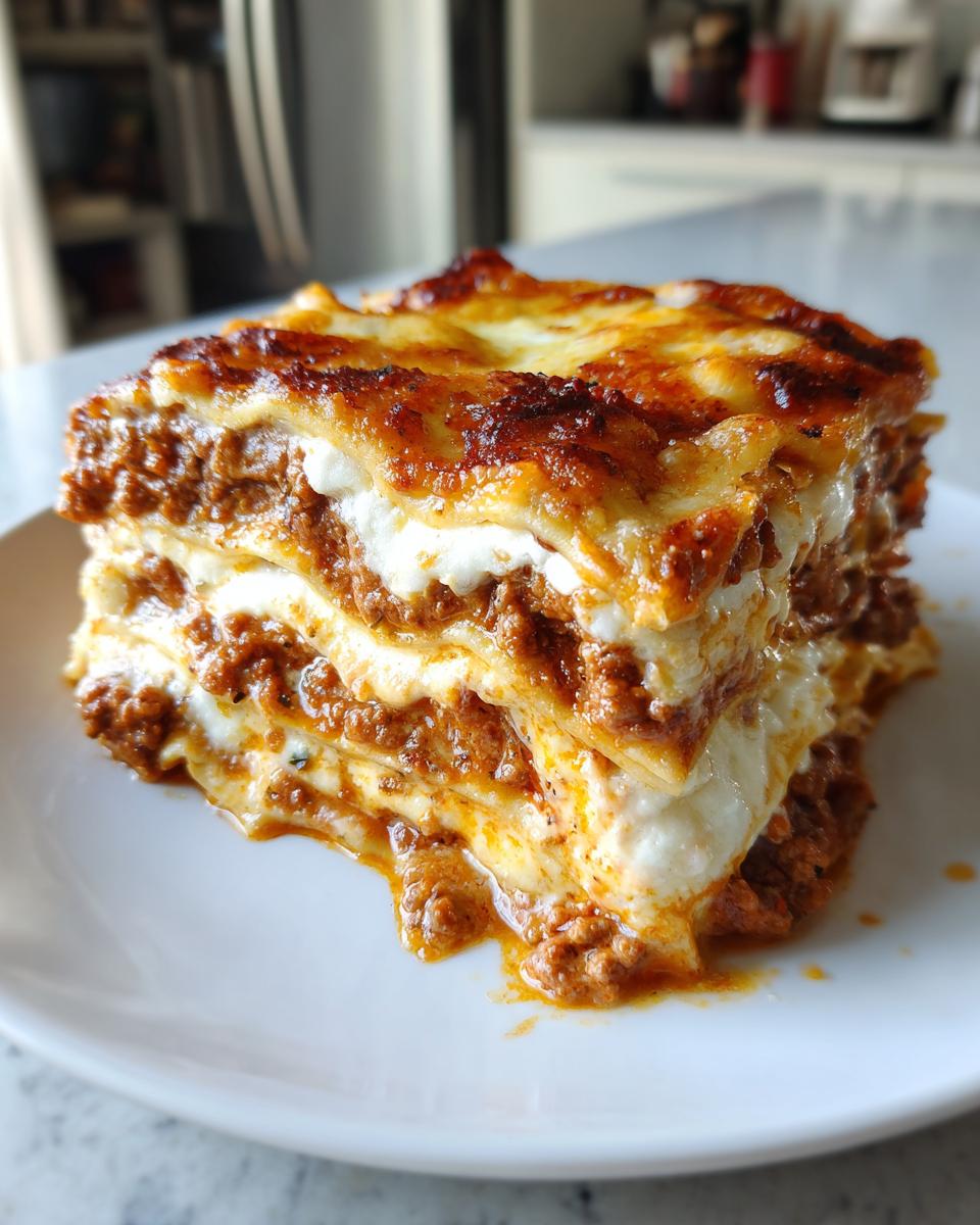 A thick, multi-layered slice of homemade lasagna featuring rich meat sauce and melted cheese.
