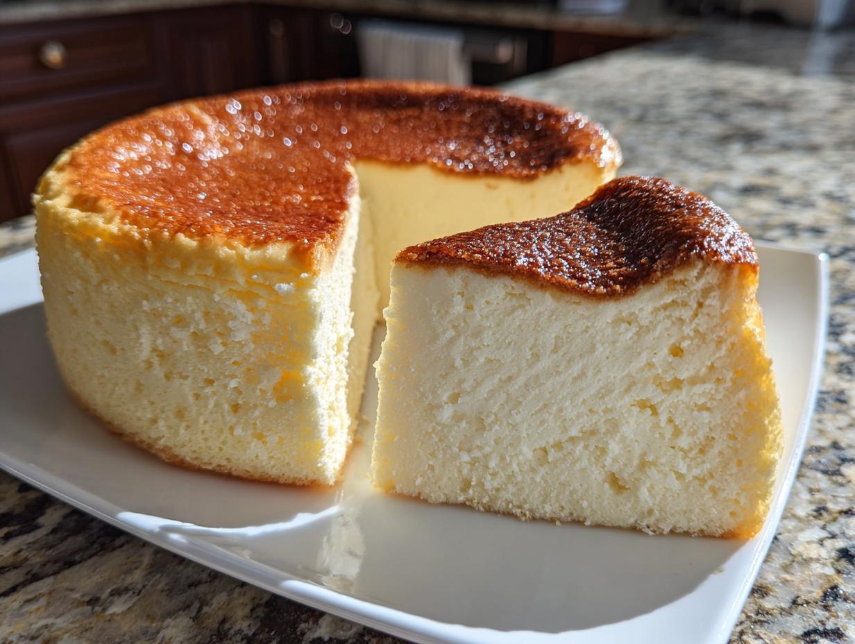 A whole, tall New York cheesecake with a deeply caramelized top, sitting on a white plate next to a cut slice.