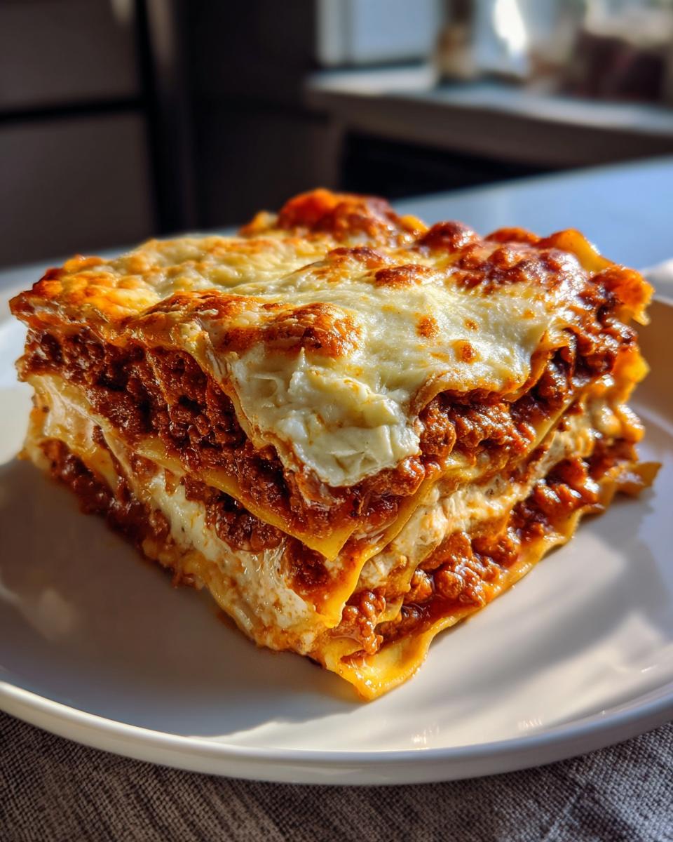 A thick, perfectly layered slice of homemade lasagna showing rich meat sauce and melted, browned cheese on top.