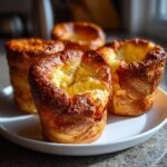 Four golden brown, tall, and fluffy yorkshire pudding items sitting on a white plate.