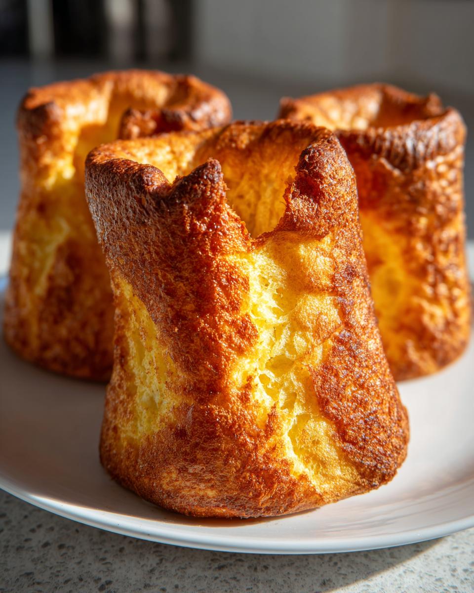 Three golden brown, tall, and perfectly risen yorkshire pudding on a white plate.