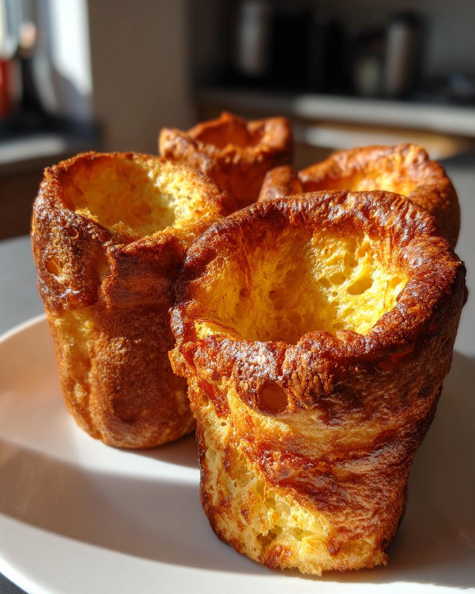 Close-up of four golden brown, tall, and perfectly risen yorkshire pudding on a white plate.