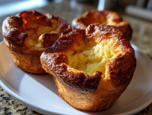 Three golden brown, perfectly risen yorkshire pudding cups sitting on a white plate, showing their hollow centers.