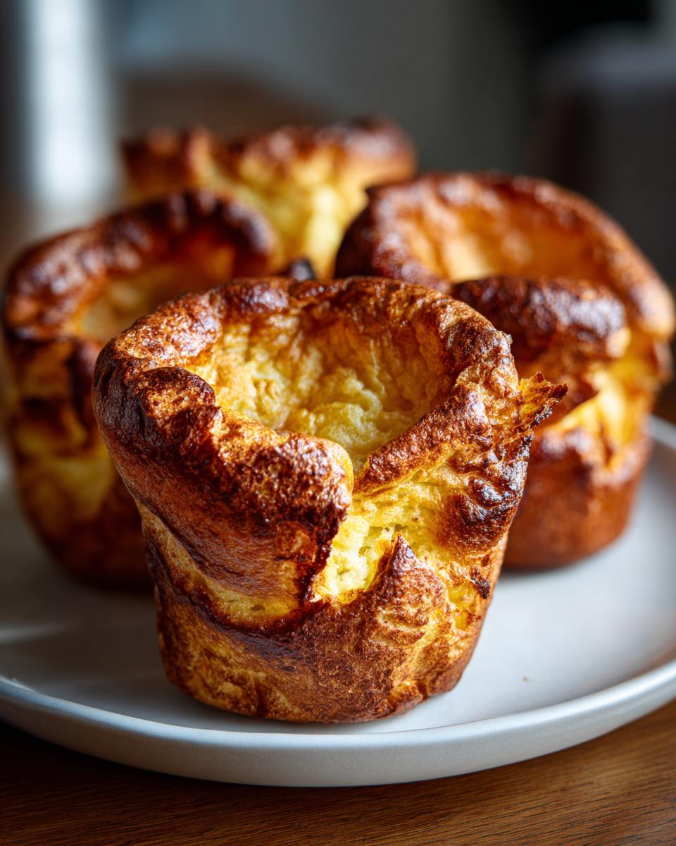 Close-up of four golden brown, tall, and puffed yorkshire pudding served on a white plate.