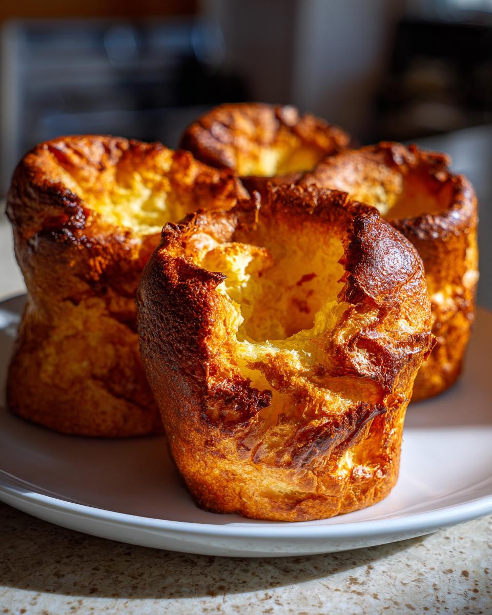 Close-up of three golden brown, perfectly risen yorkshire pudding cups on a white plate.