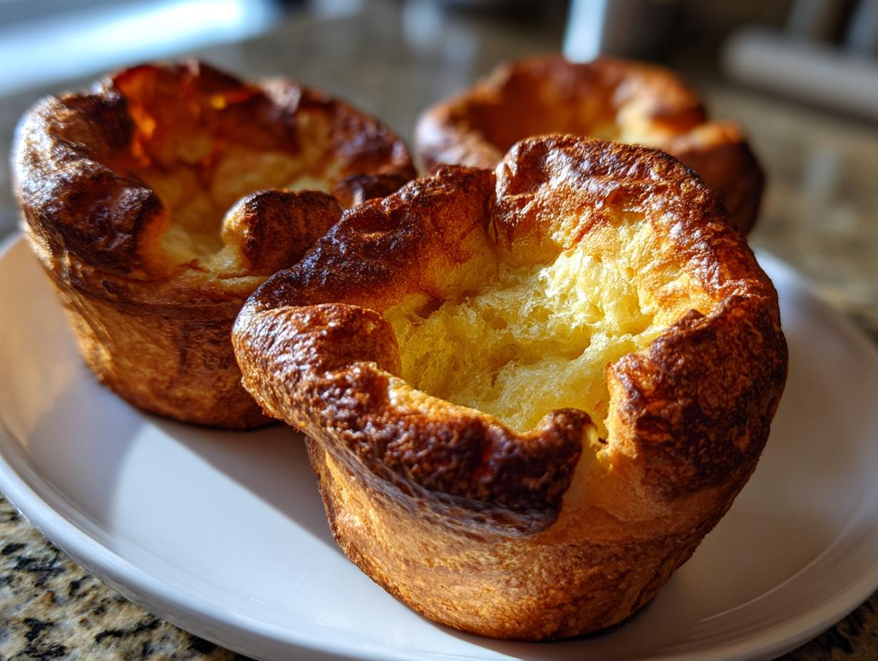 Three golden brown, perfectly risen yorkshire pudding cups sitting on a white plate, showing their hollow centers.
