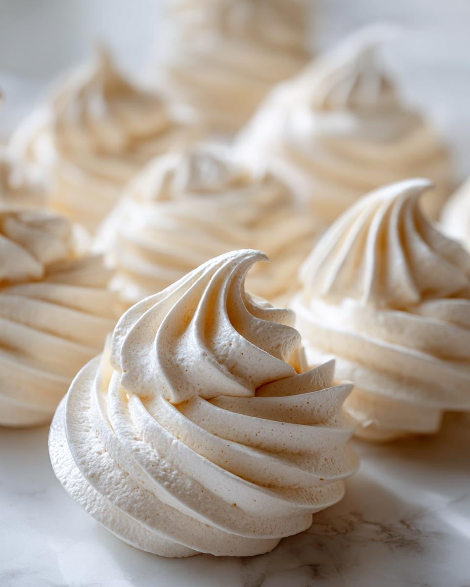 A close-up, shallow depth-of-field photo showing perfectly piped, crisp meringue cookies.