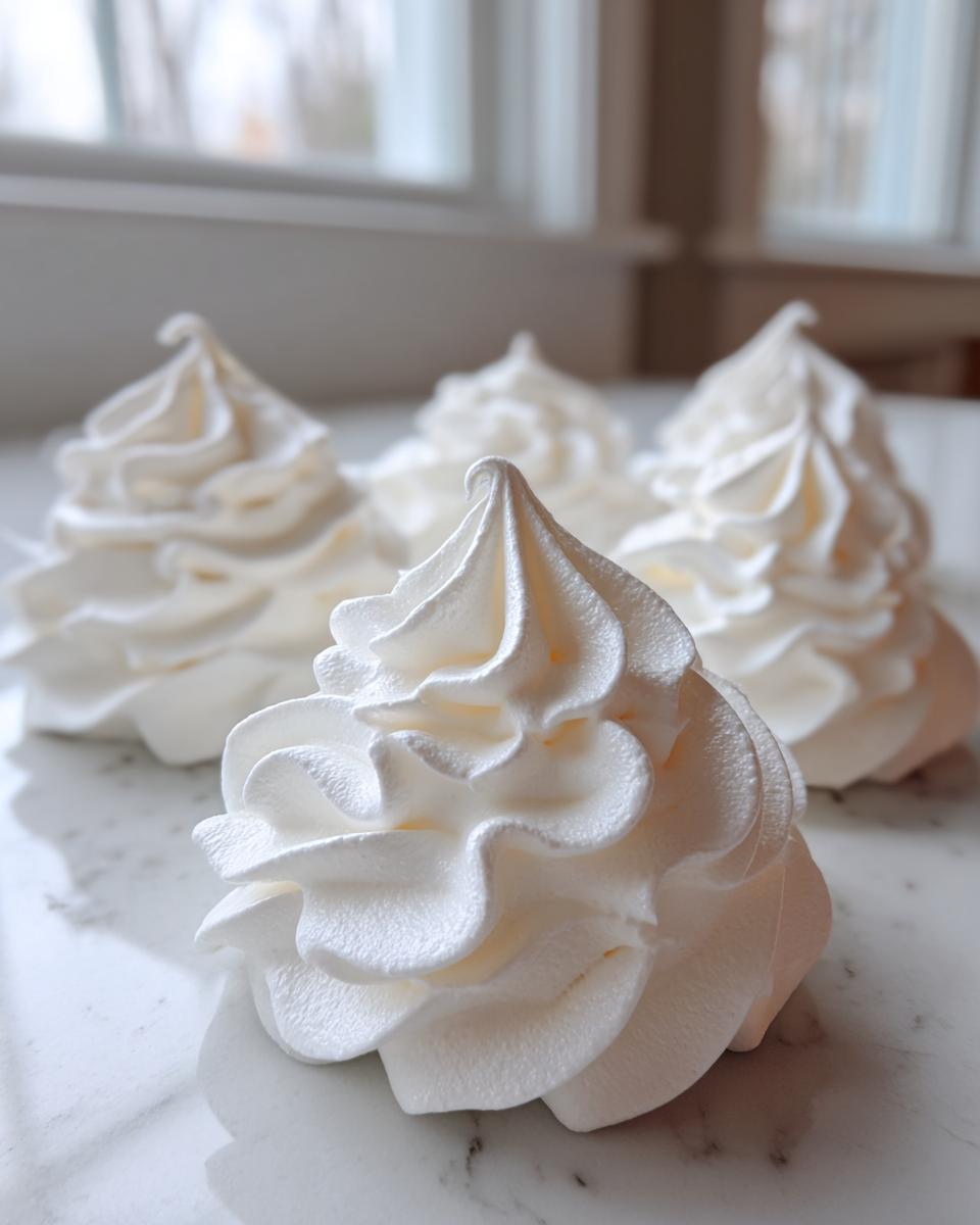 Close-up of several crisp, white meringue cookies piped into tall swirls resting on a light marble countertop.