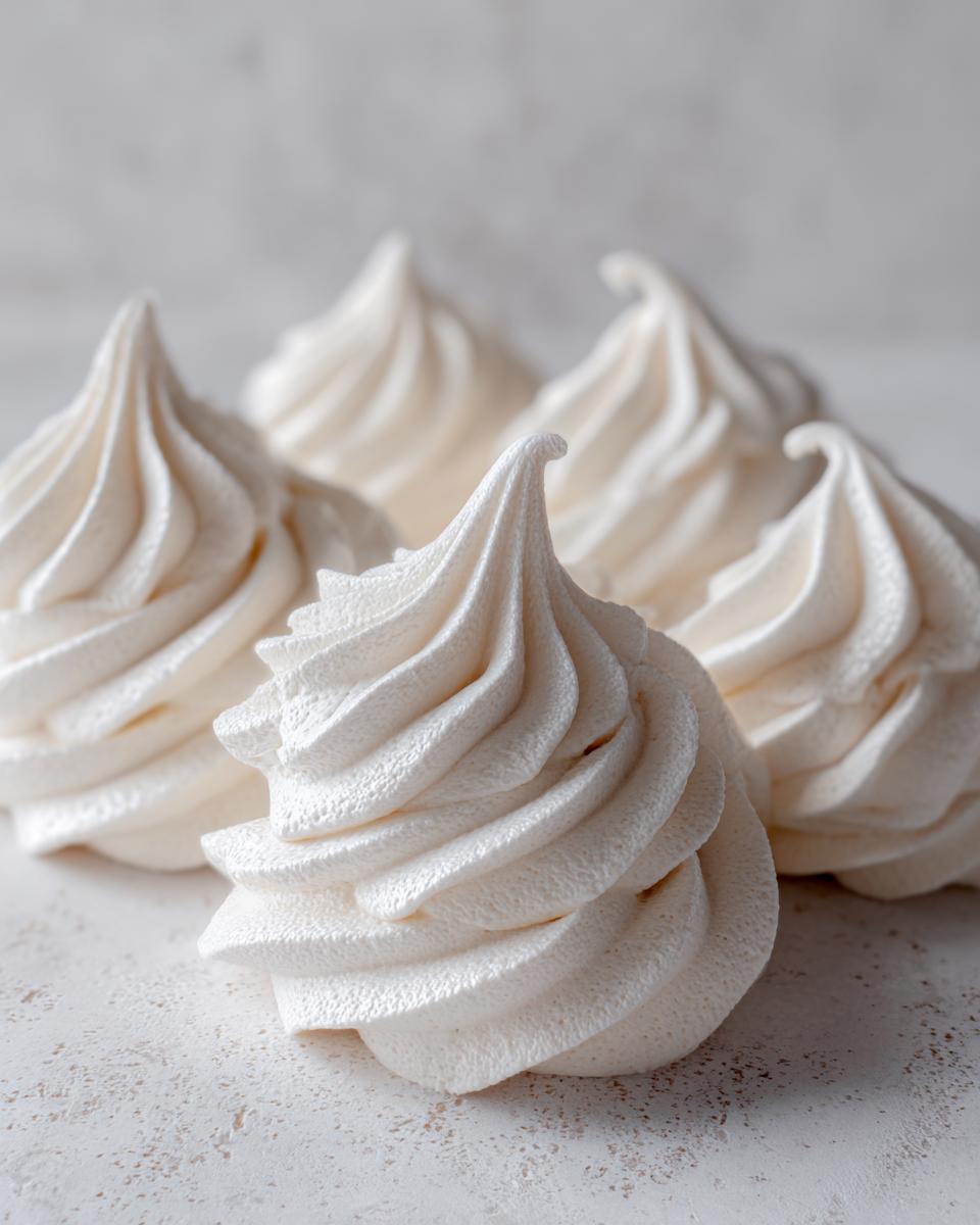 Close-up of several perfectly piped white meringue cookies with distinct ridges, ready for baking.