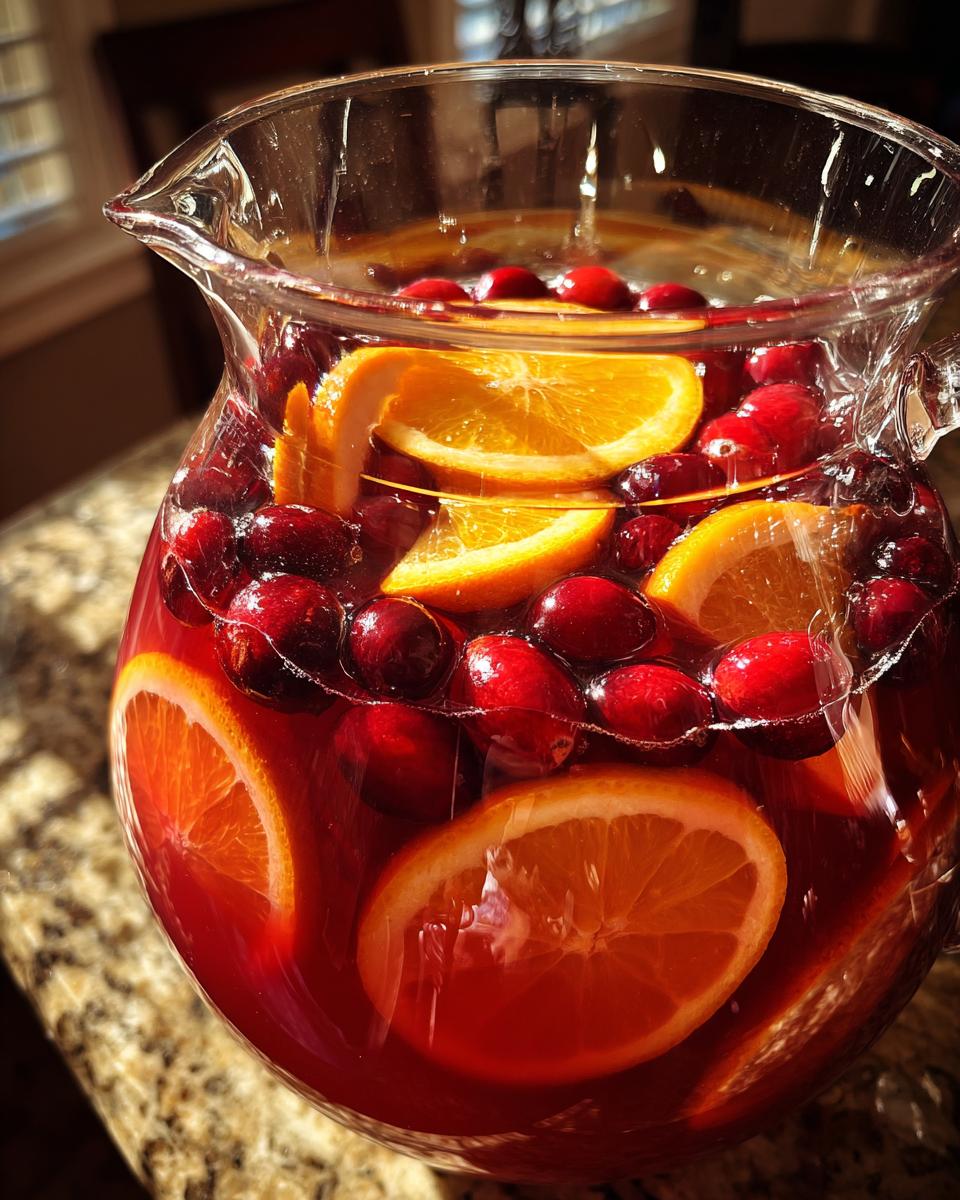 Close-up of a glass pitcher filled with vibrant red thanksgiving punch, garnished with fresh cranberries and orange slices.