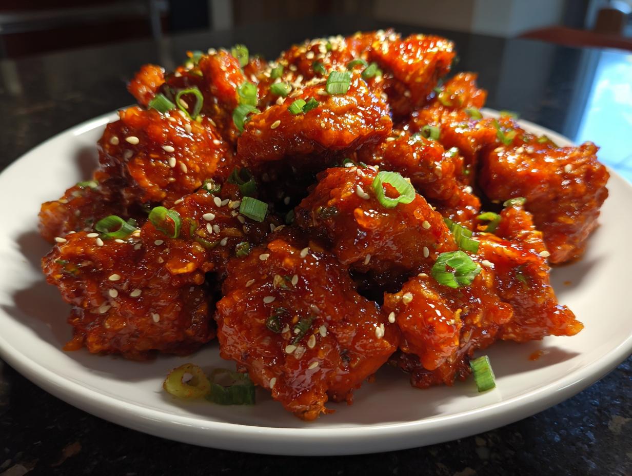 A mound of crispy, glazed gochujang chicken pieces garnished with sesame seeds and green onions on a white plate.