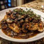 A close-up of seared chicken breasts smothered in a rich brown mushroom sauce, garnished with fresh thyme, representing delicious chicken marsala.