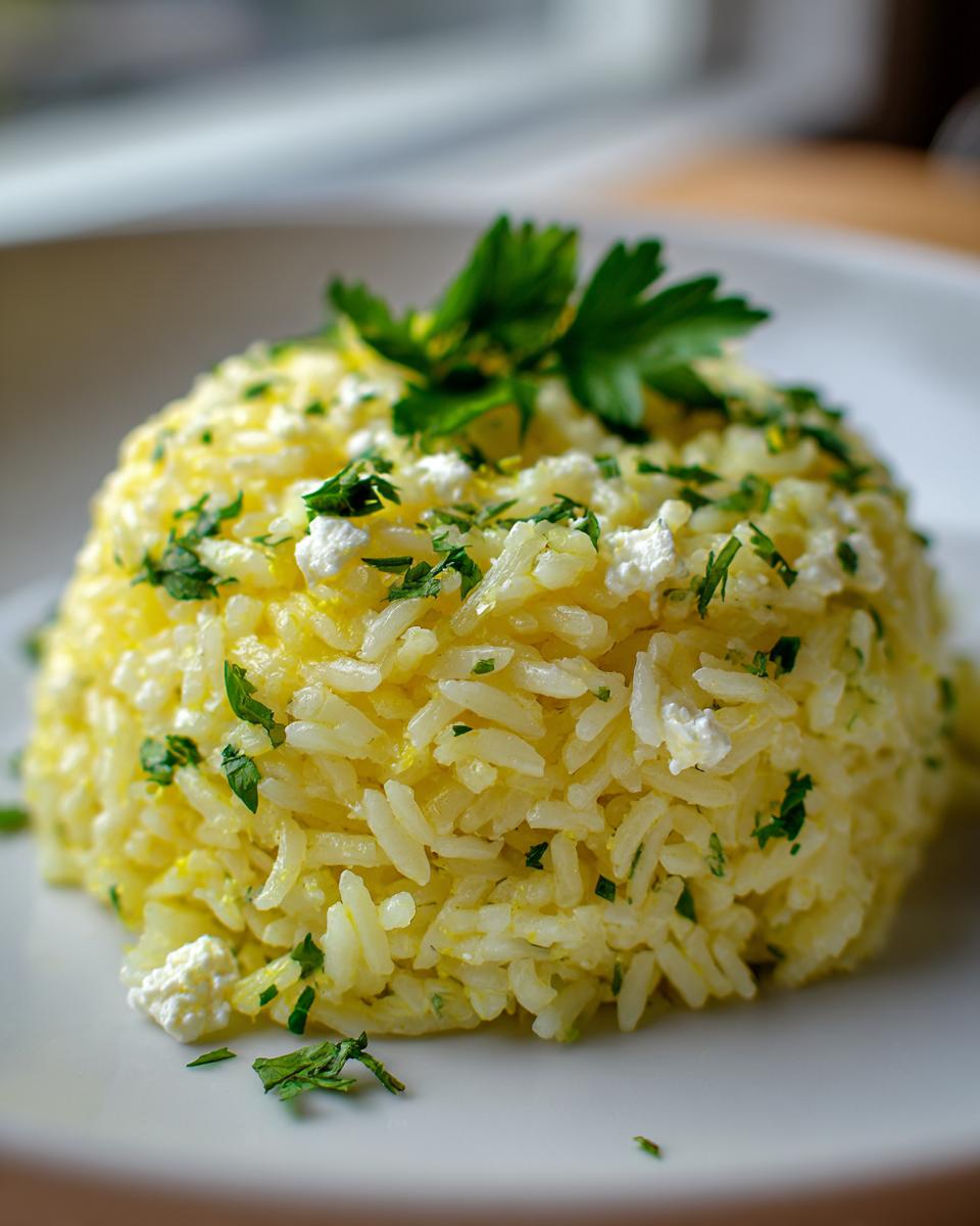 Close-up of a mound of bright yellow mediterranean rice mixed with white feta cheese crumbles and topped with fresh parsley.