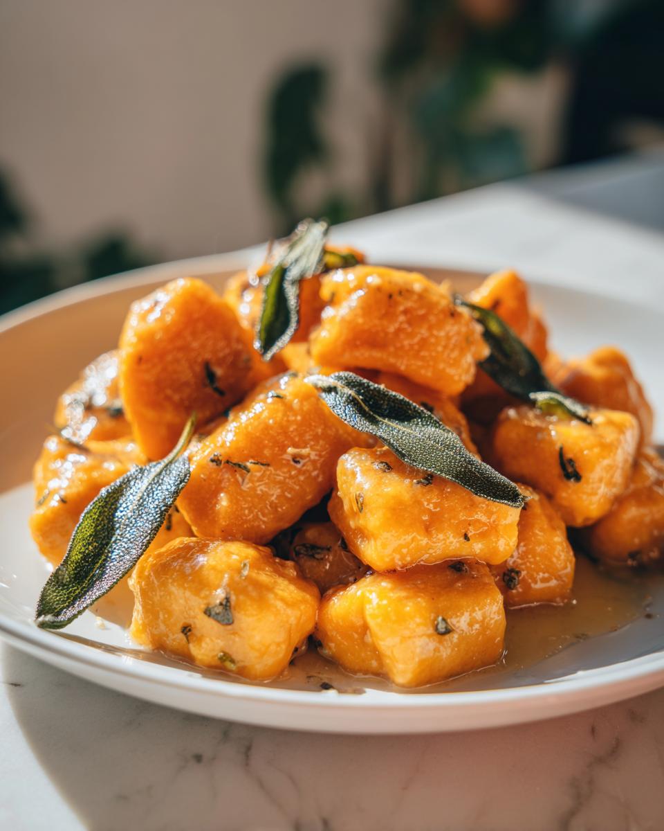 A close-up of bright orange sweet potato gnocchi tossed in a light sauce and garnished with fresh sage leaves.