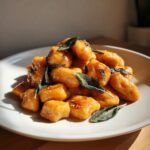 A mound of glistening, orange sweet potato gnocchi tossed in sauce and garnished with fresh sage leaves on a white plate.