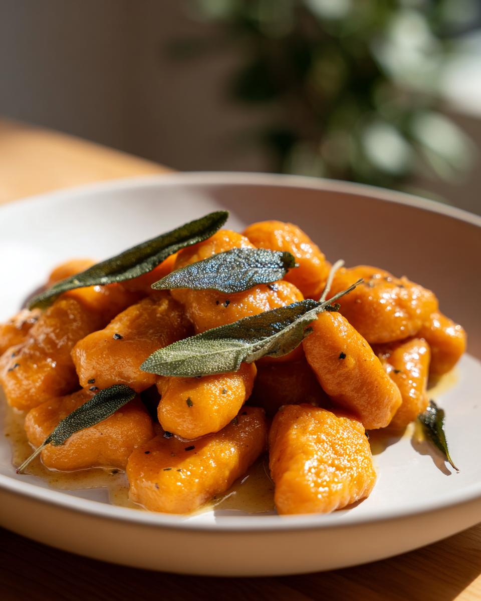 Close-up of bright orange sweet potato gnocchi tossed in butter sauce and topped with crispy sage leaves.