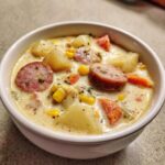 Close-up of a hearty bowl of potato and sausage chowder, featuring chunks of potato, sausage slices, corn, and carrots in a creamy broth.