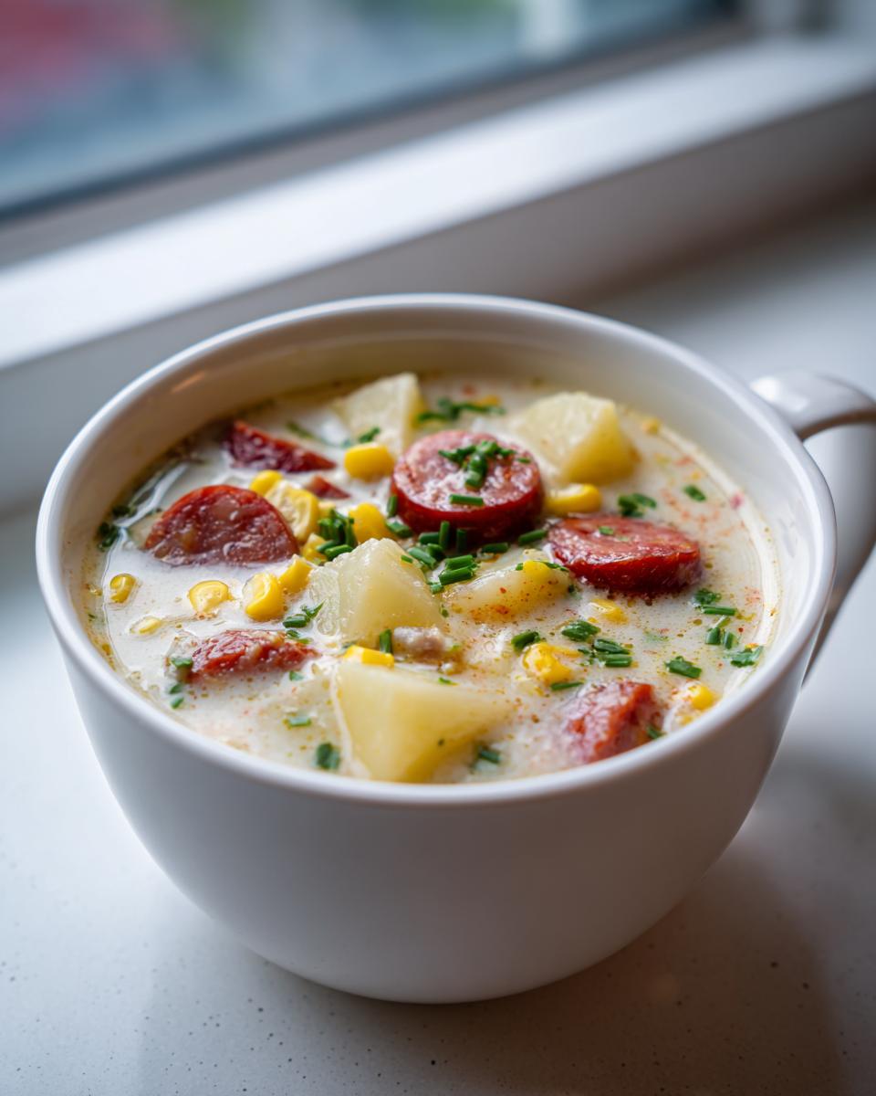 Close-up of a creamy potato and sausage chowder, featuring slices of smoked sausage, corn, and potatoes, garnished with chives.