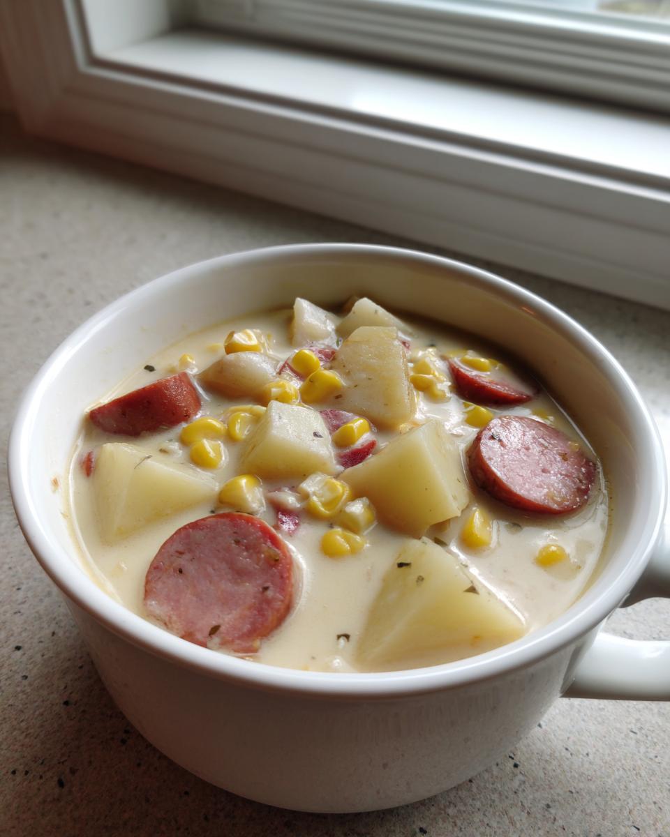 Close-up of a white bowl filled with creamy potato and sausage chowder, featuring chunks of potato, corn, and sliced smoked sausage.