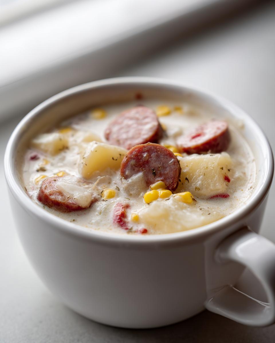 Close-up of a creamy potato and sausage chowder with corn kernels in a white mug.
