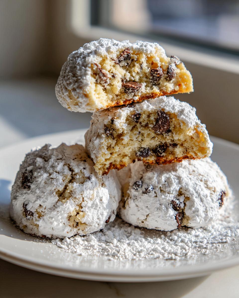 A stack of soft, powdered sugar-dusted cannoli cookies, one broken open to show chocolate chips inside.