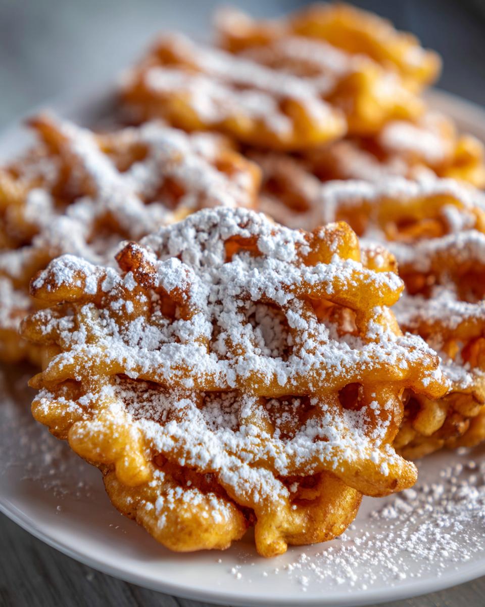 Close-up of golden fried funnel cake recipe pieces heavily dusted with powdered sugar on a white plate.