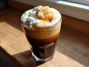 A glass of homemade pumpkin cream cold brew showing dark coffee topped with thick, frothy cream and a dusting of spice.