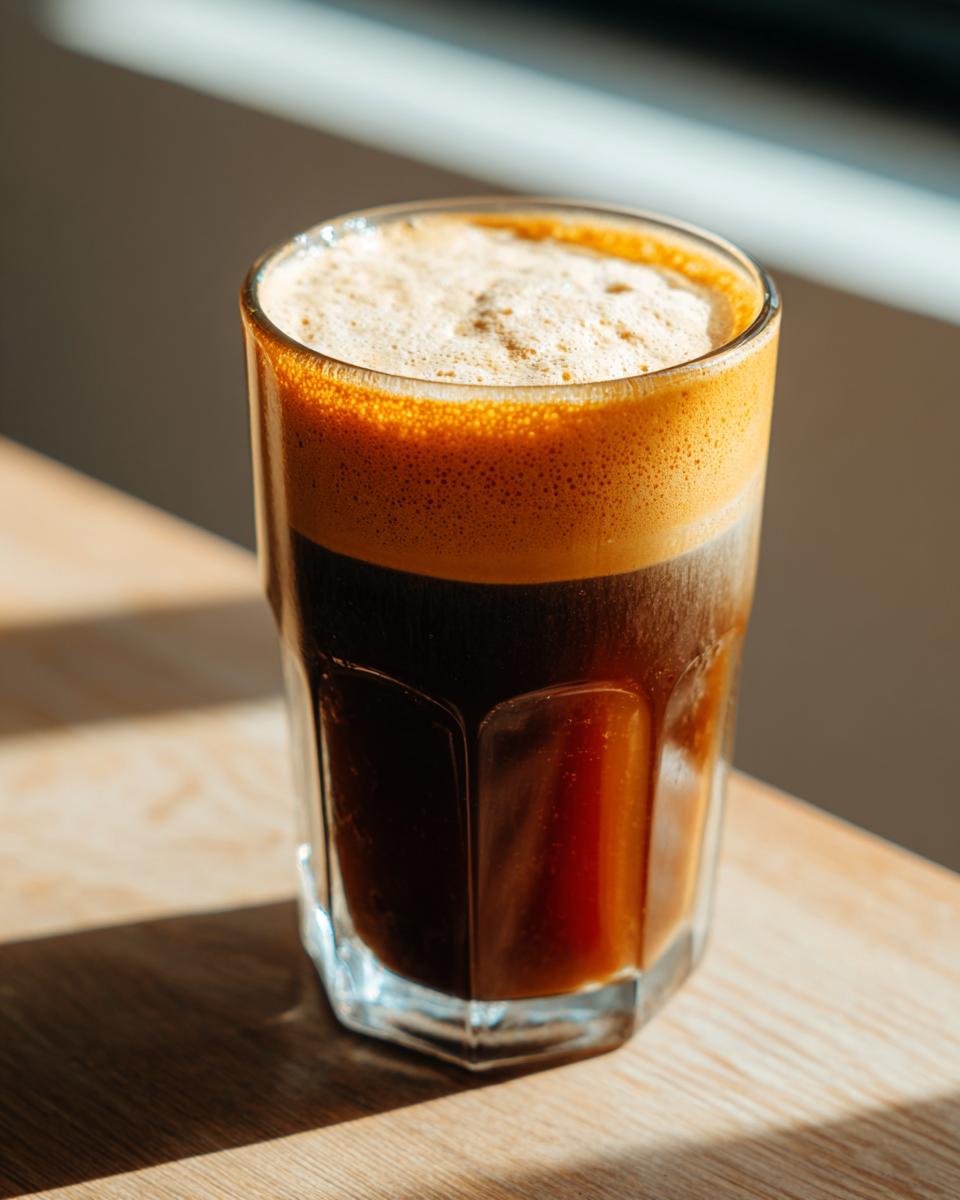 Close-up of a glass containing dark cold brew coffee topped with thick, frothy pumpkin cream.