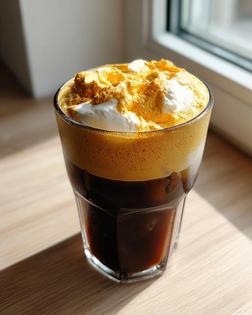 A glass of pumpkin cream cold brew topped with thick, frothy orange pumpkin cream and white whipped cream.