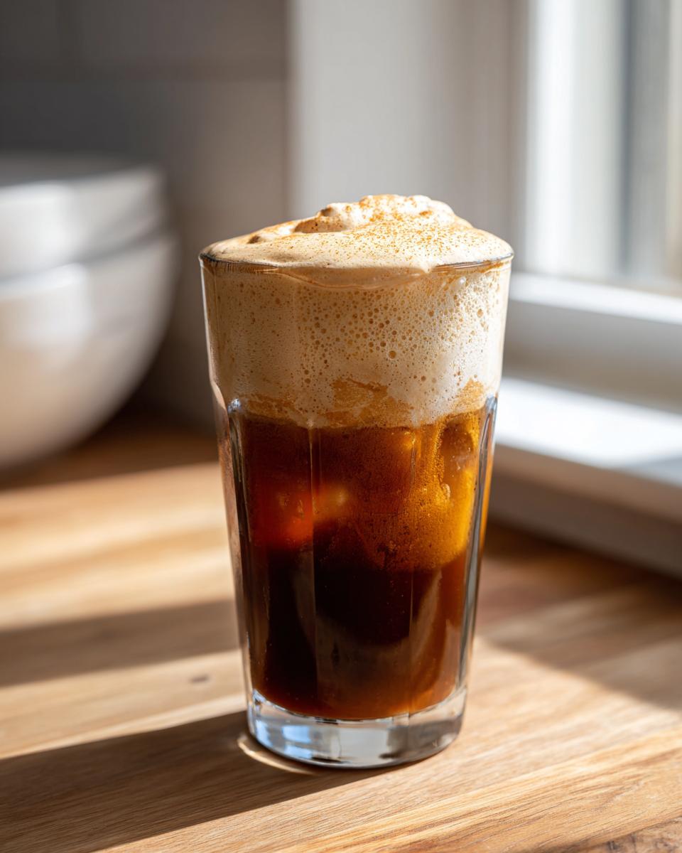 A tall glass of pumpkin cream cold brew with a thick layer of frothy, spiced topping sitting on a sunlit wooden counter.