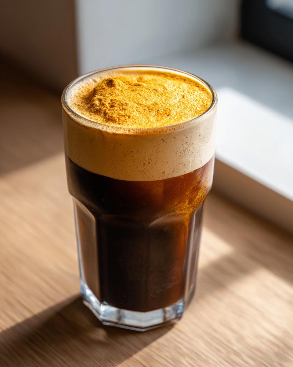 A tall glass of pumpkin cream cold brew showing dark coffee topped with thick, light foam dusted with orange pumpkin spice.