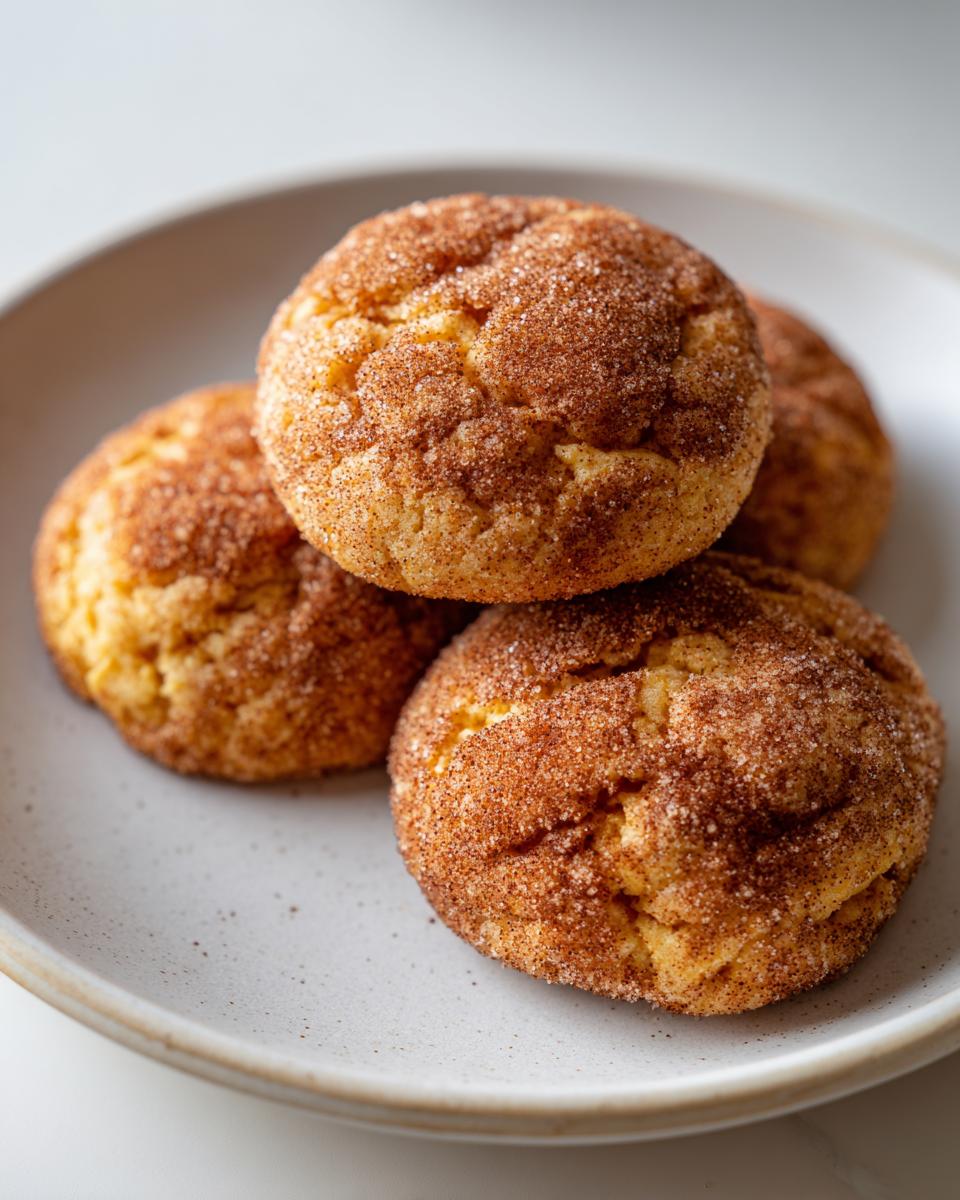 A close-up of four soft pumpkin snickerdoodle cookies generously coated in cinnamon sugar, stacked on a speckled gray plate.
