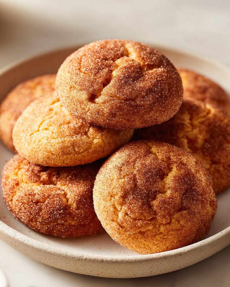 A close-up stack of soft, golden pumpkin snickerdoodle cookies generously coated in cinnamon sugar.